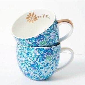 Lilly Pulitzer 12oz Ceramic Mugs Blue Floral Pair of 2